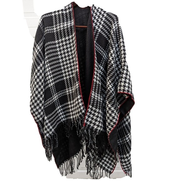 unbranded Sweaters - Shawl Wrap Houndstooth Plaid Check Black Reversible Fringe Poncho Cloak Ruana